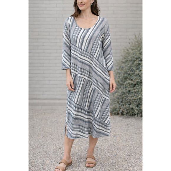 Soft Surroundings Dresses & Skirts - SOFT SURROUNDINGS | Linen Blend Striped Blue White Scoop Neck Dress | Large